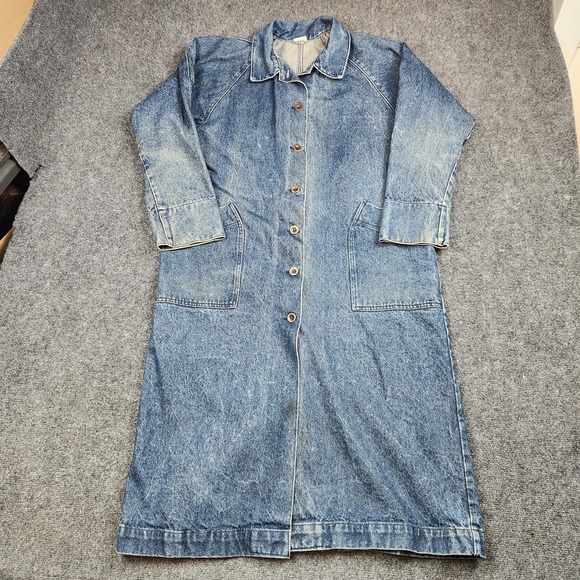 Vintage OshKosh Jacket Womens S Denim Trench Coat Blue Long Duster Chore USA 80s - Picture 1 of 13